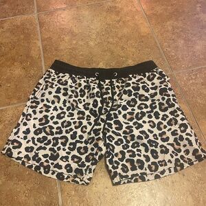Vacay Black and Leopard Print Swim Trunks